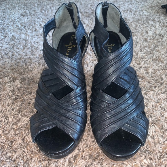 Cole Haan Black Leather Strap Wedges Size 7 - Picture 4 of 8